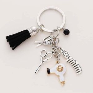 Hairdresser Tassel Charm Keychain Silver Plated Comb Scissors Stylist Salon